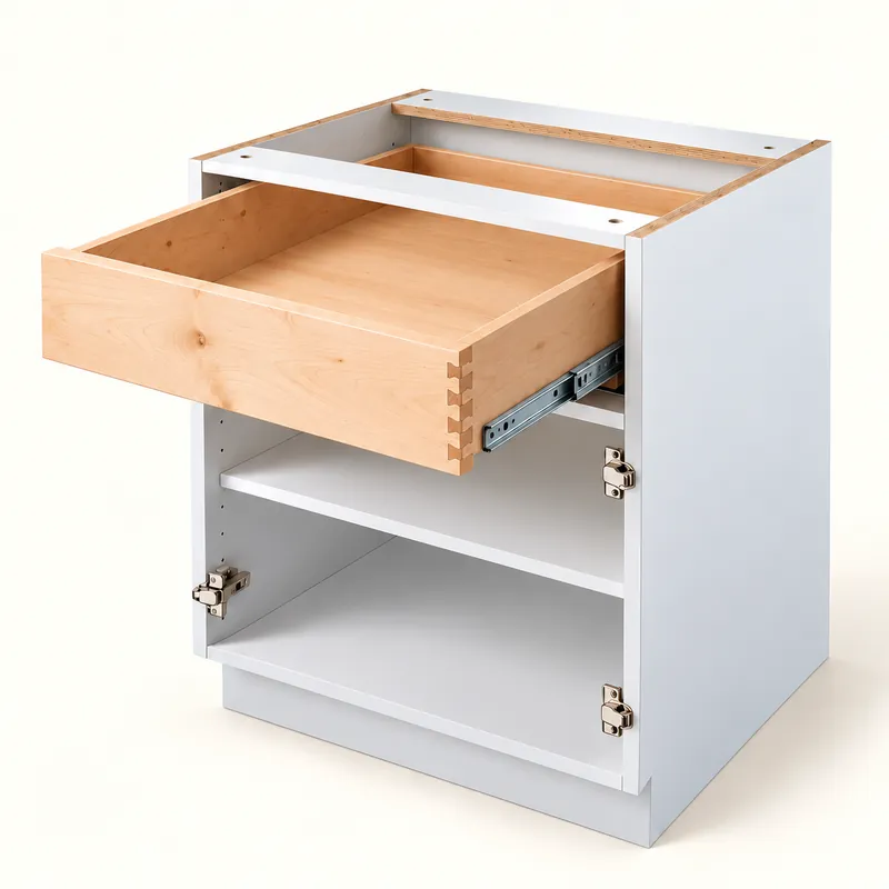 Close-up illustration of the natural wood drawer corner showing dovetail joinery