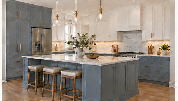 Premium Line white shaker and blue-grey kitchen with a full island